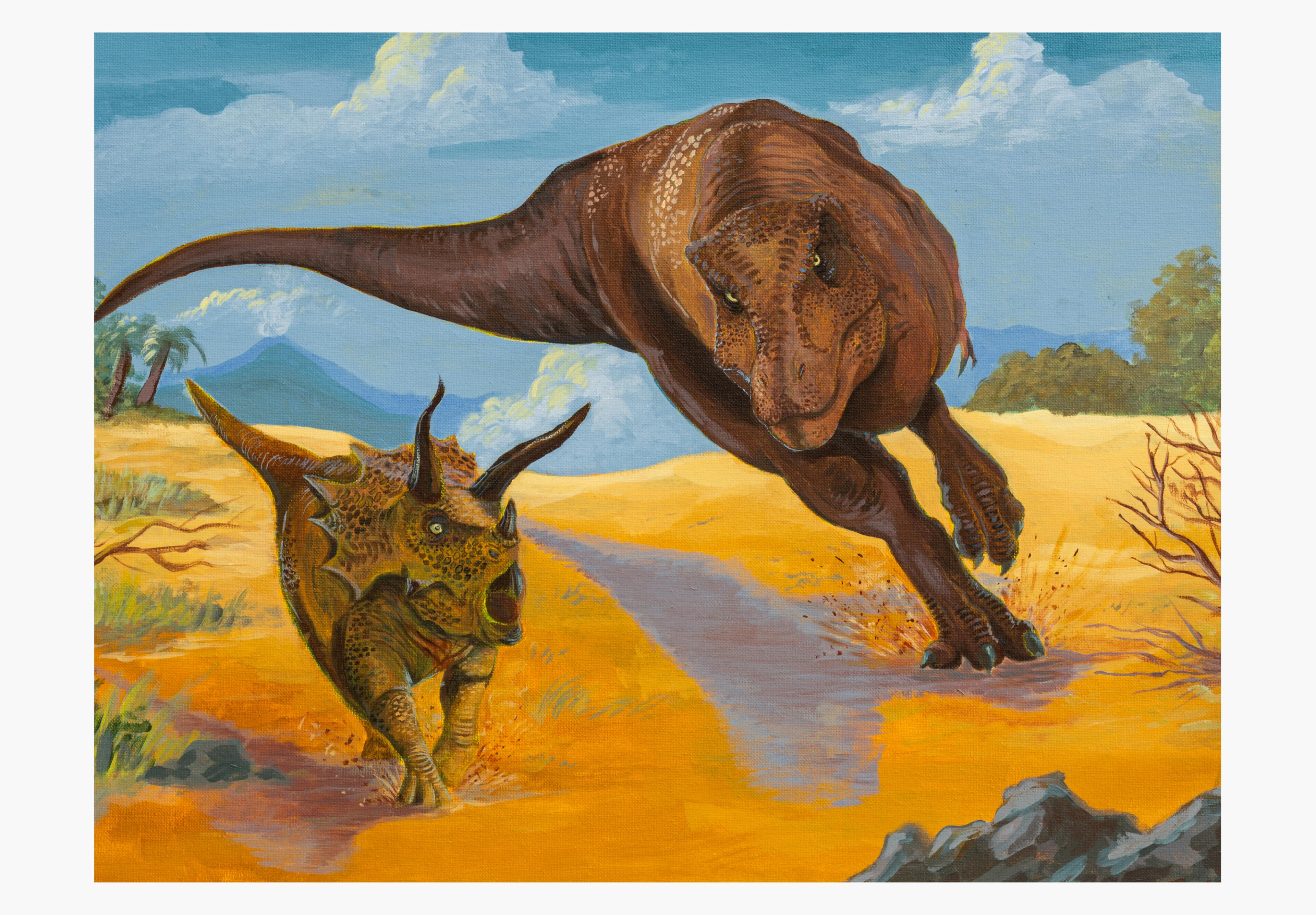 T-Rex Attacks, Acrylic on Canvas, 18x24 in, 2026. Dinosaurs Study After the Filed Museum Visit.